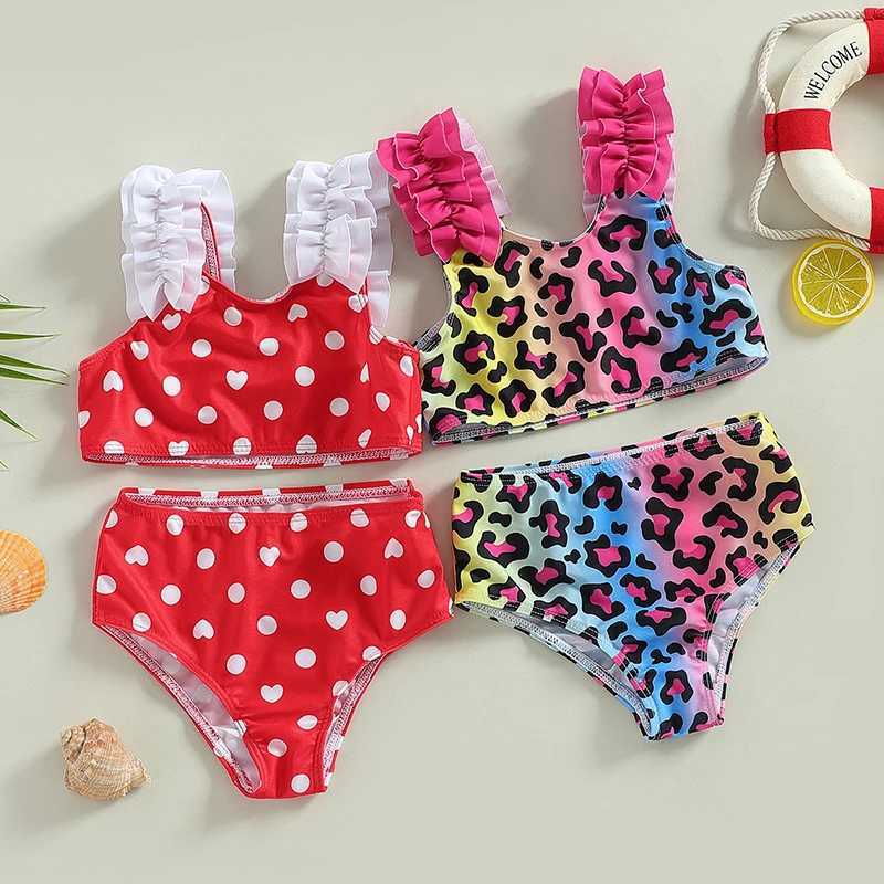 Yiiciovy Baby Kid Girl 2pcs Swimsuits Bikini Set Summer Leopard/ Heart Dot Print Sleeveless Tank Tops with Beach Shorts SwimwearXJ250214