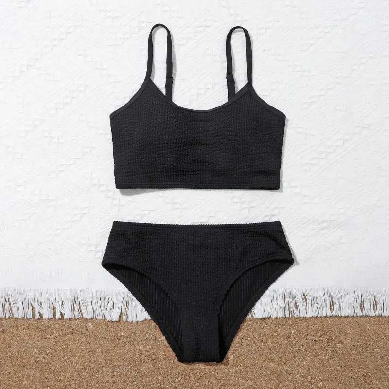 Summer Children Swimwear Girls Solid Fashion Cool Two Piece Swimsuit Kids Teenager Bikini Set Bathing Suit Seaside Beach WearXJ250214