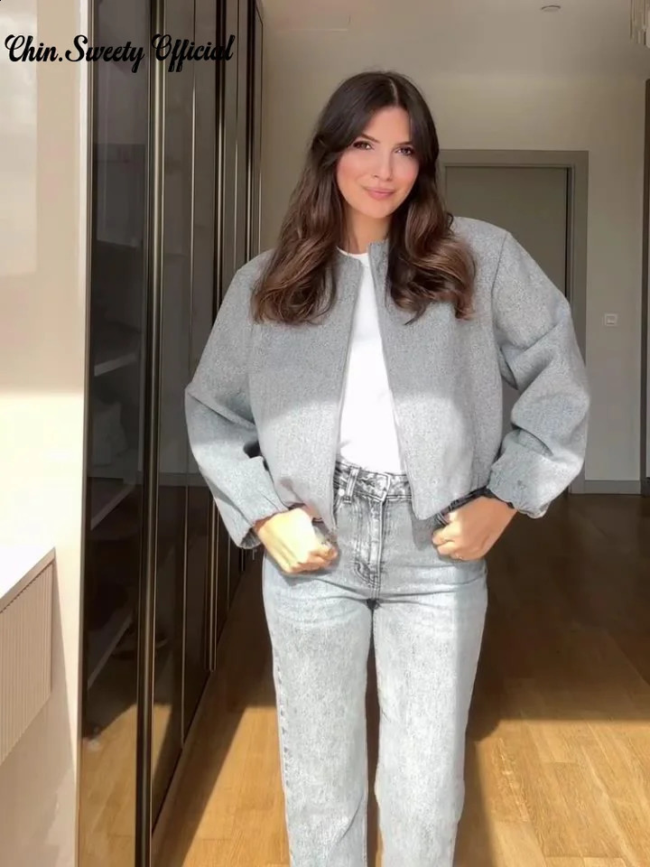 Casual Burgundy Red Mini Jacket Women Loose Solid O Neck Full Sleeve Zipper Pocket Female Coat Autumn Thicken Lady Outwear 250213