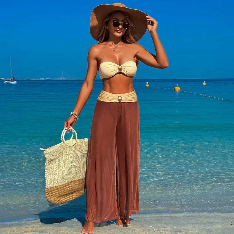 Sexy Bandeau Bikini Set 2025 Womens Khaki Patch Work Front Metal High Waist Mesh Underwear 3-Piece SwimsuitW250214