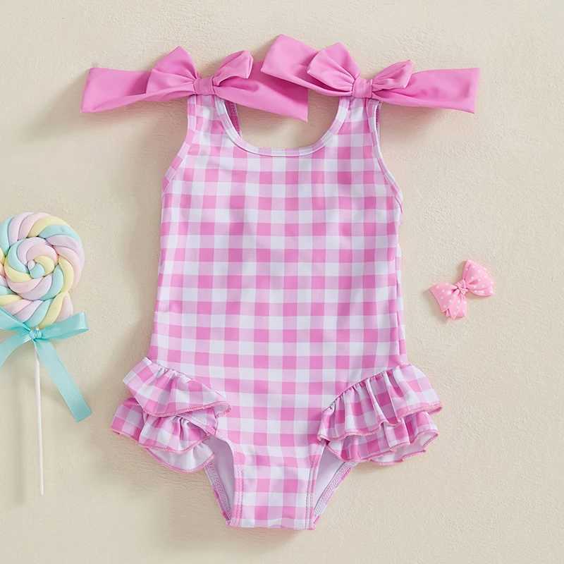 1-4Years Kids Baby Girls Swimsuits Cute Plaid Print Bowknot Shoulder Straps Ruffled Romper Bathing Suit Toddlers BeachwearXJ250214
