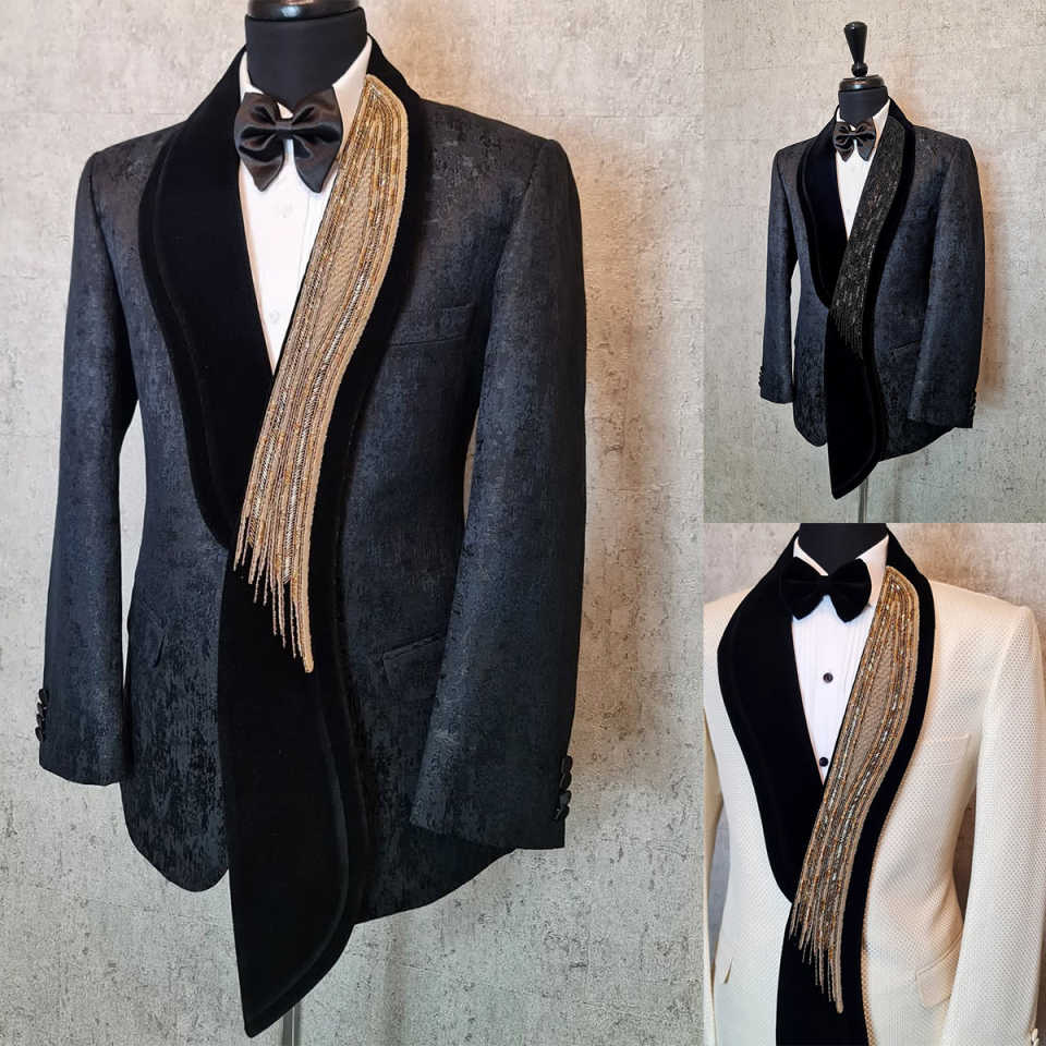 Designer Wedding Tuxedos Beaded Jacquard Men Suits Shawl Lapel 2 Piece Set Jacket Pants Unique Groom Blazers Customized