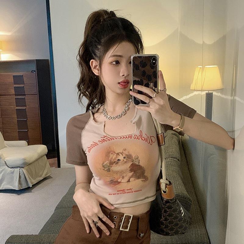 Designer American Cotton Women's Cat Sleeve T-shirt 2025 Summer New Style Girl Slimming Short Sweet And Spicy Top