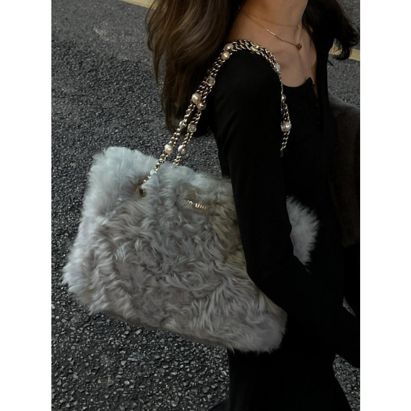 New Girl's Pearl Chain Curled Shoulder Underarm Design Texture Large Capacity Tote Bag Versatile Handbag