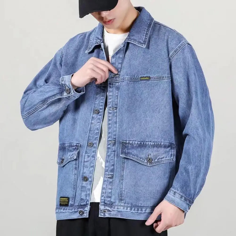 Hidden pocket denim jacket fashionable mens with lapel large buttons spring 250212