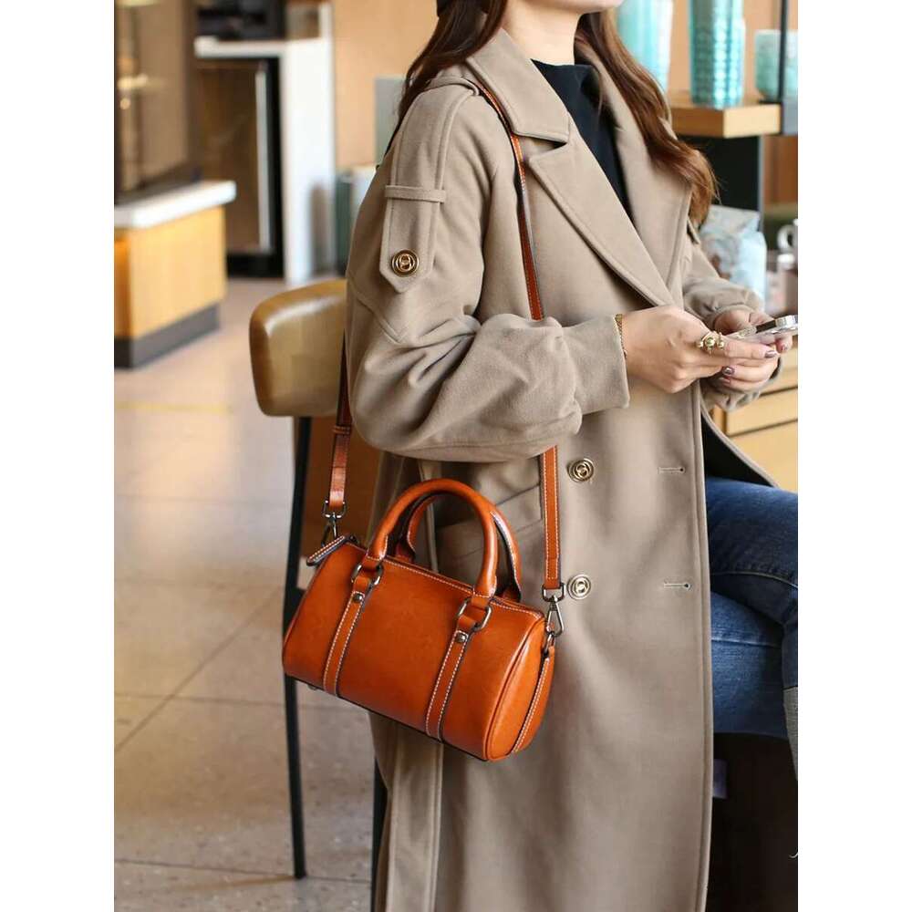 Wax Cowhide Crossbody Women's Bag Classic Texture Boston Pillow Bag