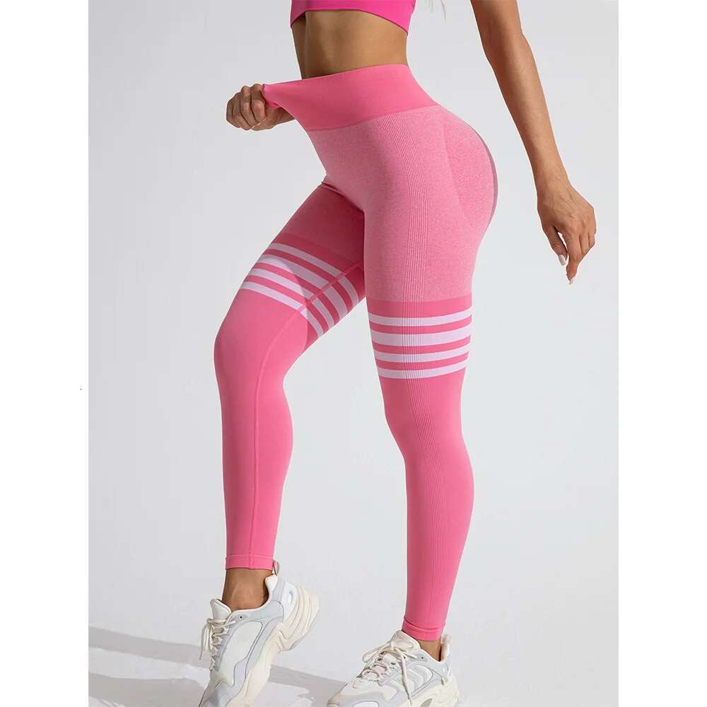 Women Seamless Stripe Yoga Leggings Sexy High Waist Tummy Control Scrunch Butt Lifting GYM Workout Pants Outdoors Sports Fiess