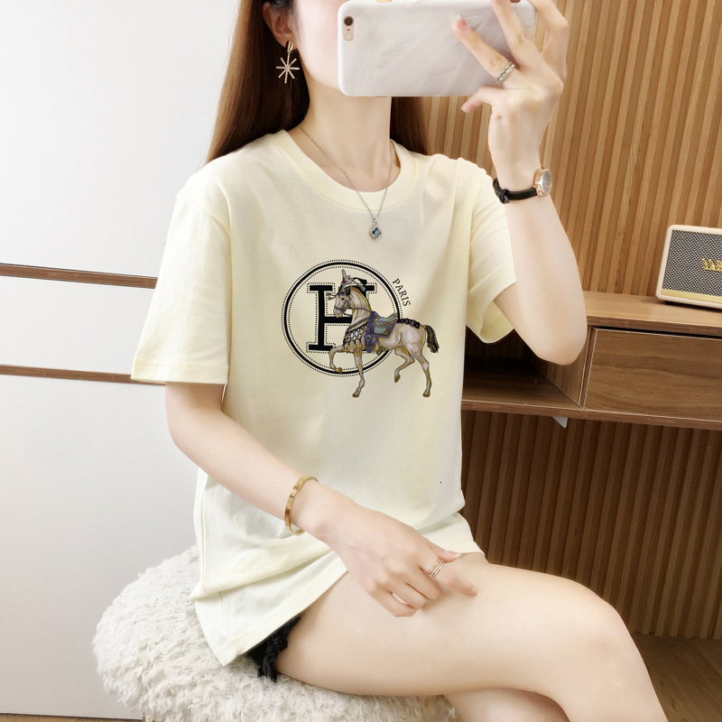 Summer Short Sleeved Printed Pure Cotton White T-shirt Designer Free Shipping Fashion Trend T-shirt Women's Top High-end Feeling Summer Plus Size