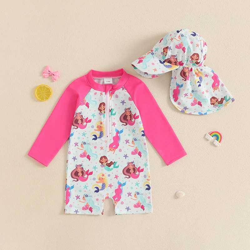 MISOWMNJOY Children Baby Girls Bathing Suit Summer New Rash Guard Swimsuit with Hat Shell Pattern Zip Up Long Sleeve SwimwearsXJ250214