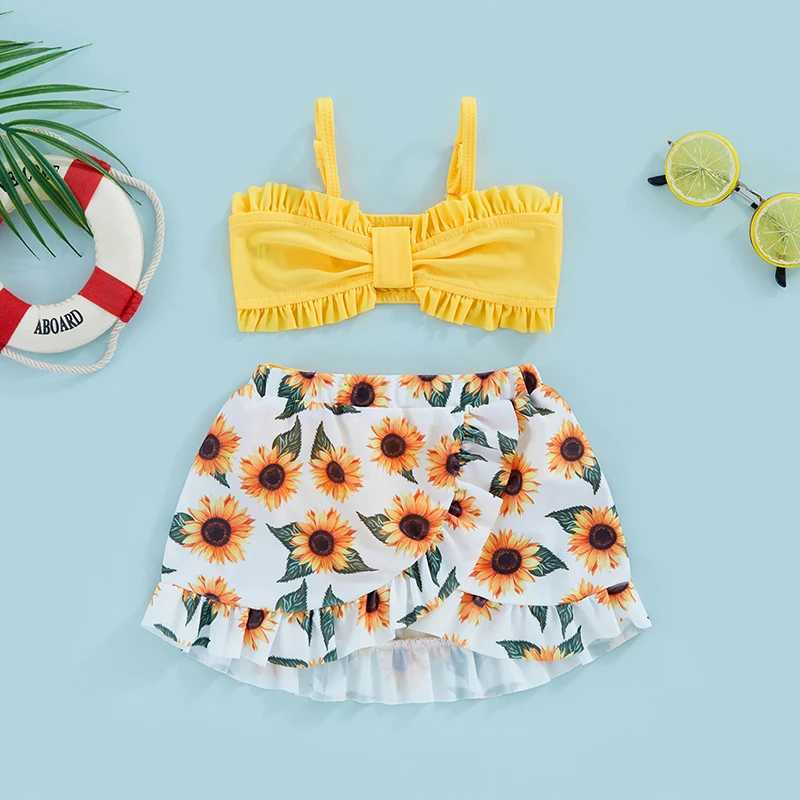 9M-4T Kids Girls Swimwear and Cover Up Summer Floral/Tie Dye Print Camisole Bra Elastic Shorts and Ruffle Skirt 3-Piece SetXJ250214