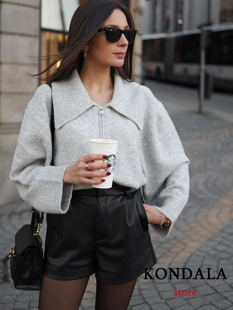 KONDALA 2024 Womens Retro PU Leather Shorts High Waist Undefined Drag Trouser Office 250213