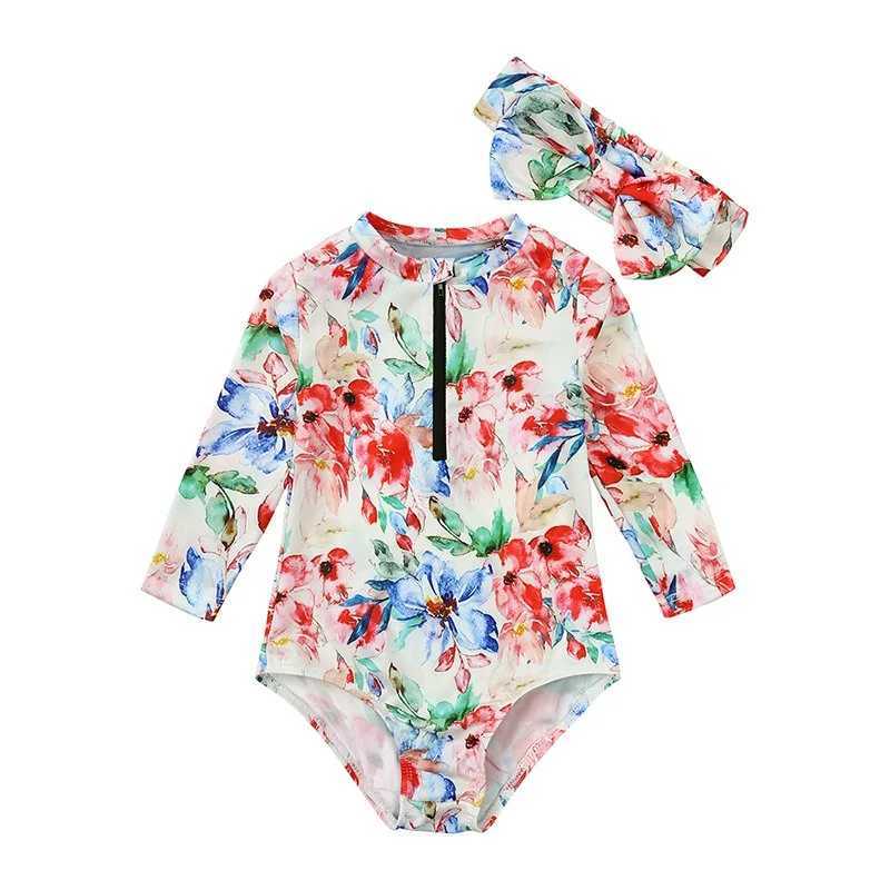 European Kids Swimsuit New Surfing Suit Floral Printed Baby Girls Swimwear Kids One Pieces Bathing Suit Monokini with HeadbandXJ250214