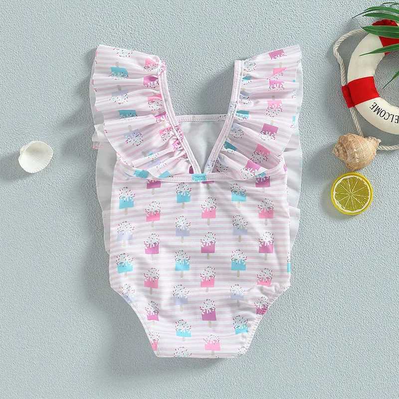 Sweet Swimsuit Toddler Baby Girls Cute Ice Bodysuit /Strberry Print Ruffles Sleeveless Swimwear Bathing SuitXJ250214