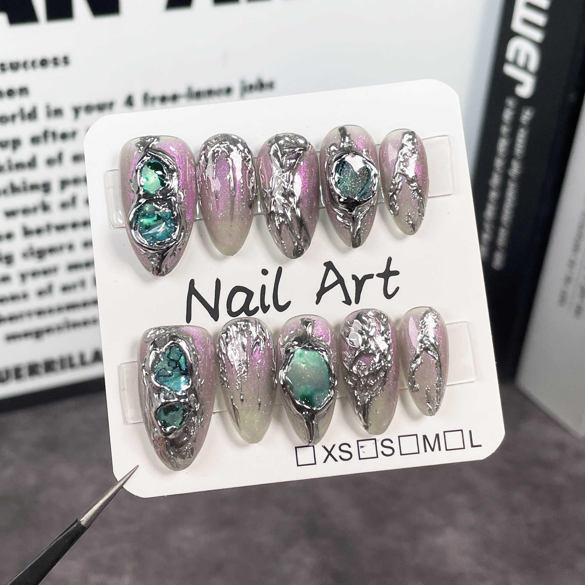 False Nails Handmade Wearing Armor Baroque Aurora Transparent Black Stereoscopic Metal Shaped Almond Armor Wearable Nail Stickers H25215