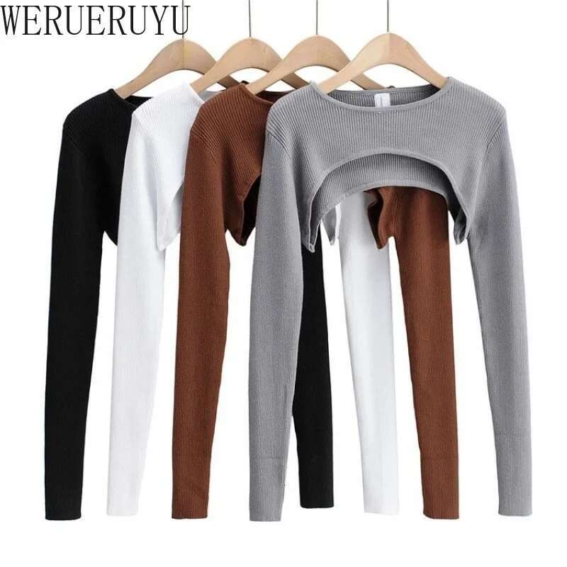 T-Shirts Women Long Sleeve Crop Top Spring Autumn Y2k Aesthetic Clothes O-Neck Black White Sexy Haruku Knitted Tshirt 2023
