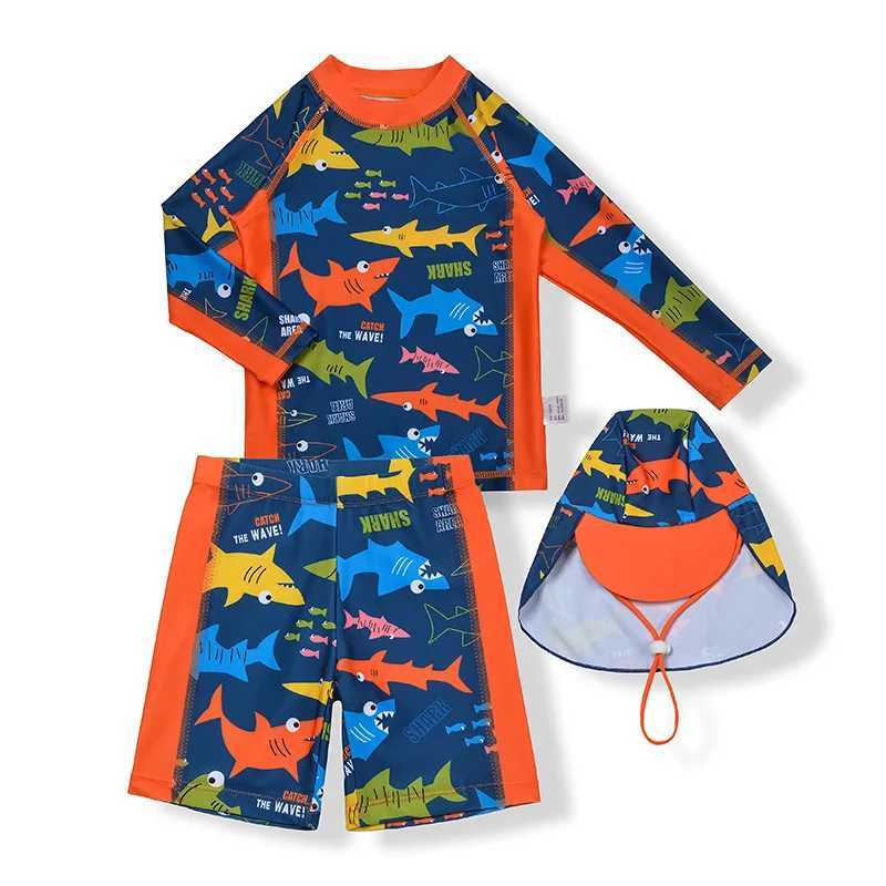 3 Pcs New Boys Swimsuit Sun Protection UPF 50+ Long Sleeve Swimming Sunsuit With Hat Split Bathing Suits ChildrenXJ250214
