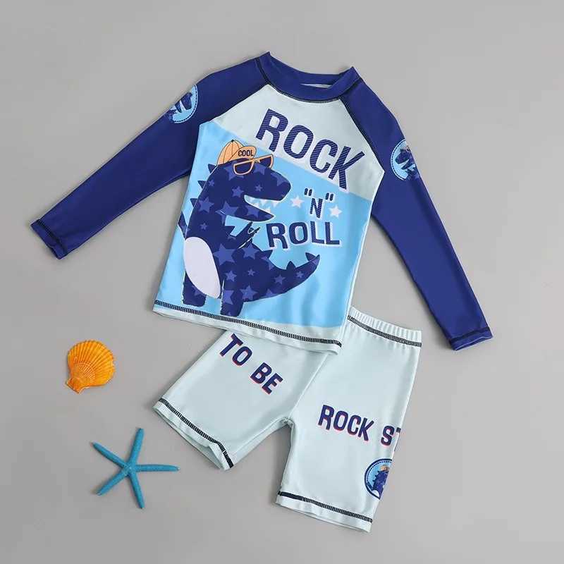 Children Boy Girl Swimsuit Swimwear 2pcs Quick Drying Sun Protection Dinosaur Print Long Sleeves Bathing Suit Swimming CostumeXJ250214