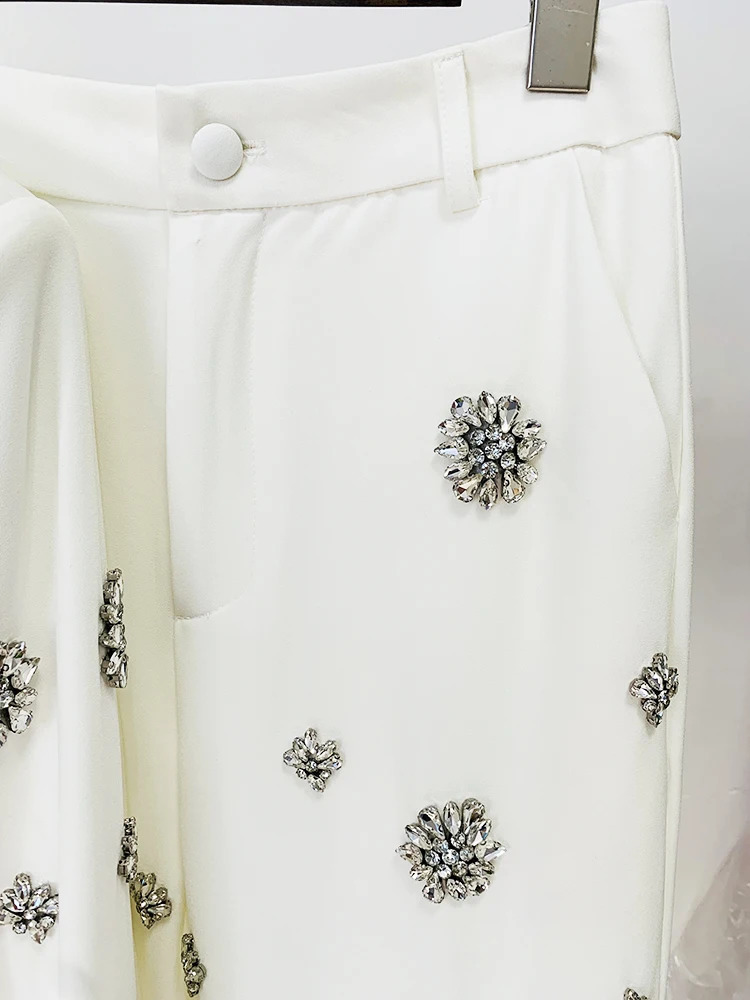 HIGH STREET est Fashion Suit Set Womens ious Rhinestone Diamonds Beaded Blazer Flare Pants Suit 2pcs 250210