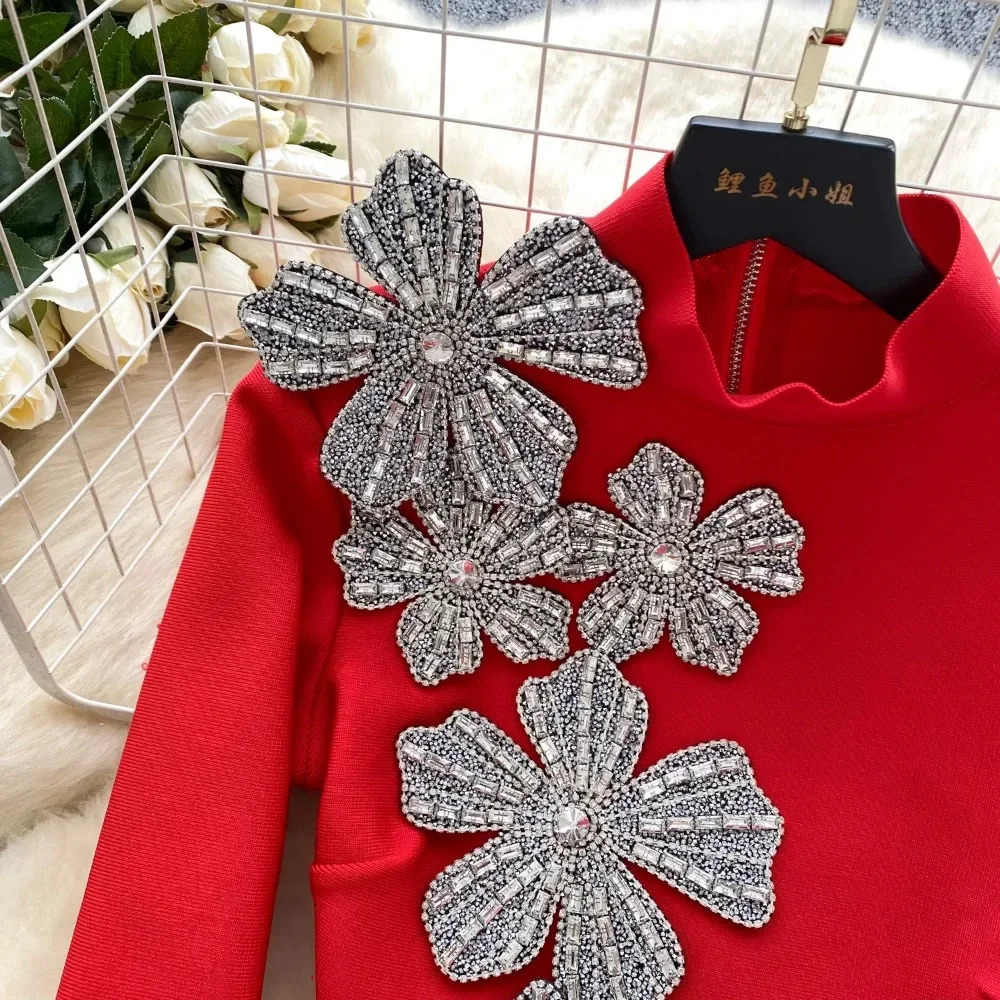 Elegant Two-piece Sets Stand Neck Long Sleeve Chic 3D Floral Top Slim High Waist Short Skirt Evening High Street Autumn Clothing 250210