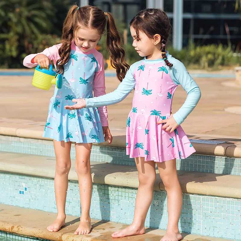 Toddler Girl Bathing Suit Children Swimsuit Girls One Piece Dress Cute Fashion Sun Proof Long Sleeve Swimsuit Baby Girl SwimwearXJ250214