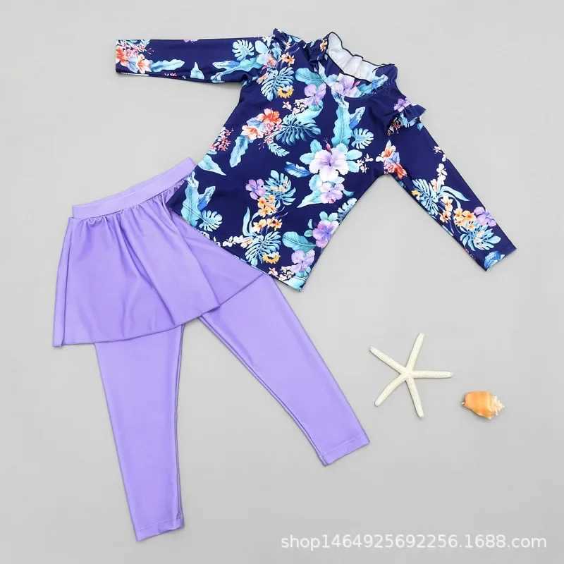 Girl Two Pieces Suit 3-11 Year Children Long Sleeve Skirt Swimsuit Kid Cute Flower Print Swimwear Baby Bathing SuitXJ250214