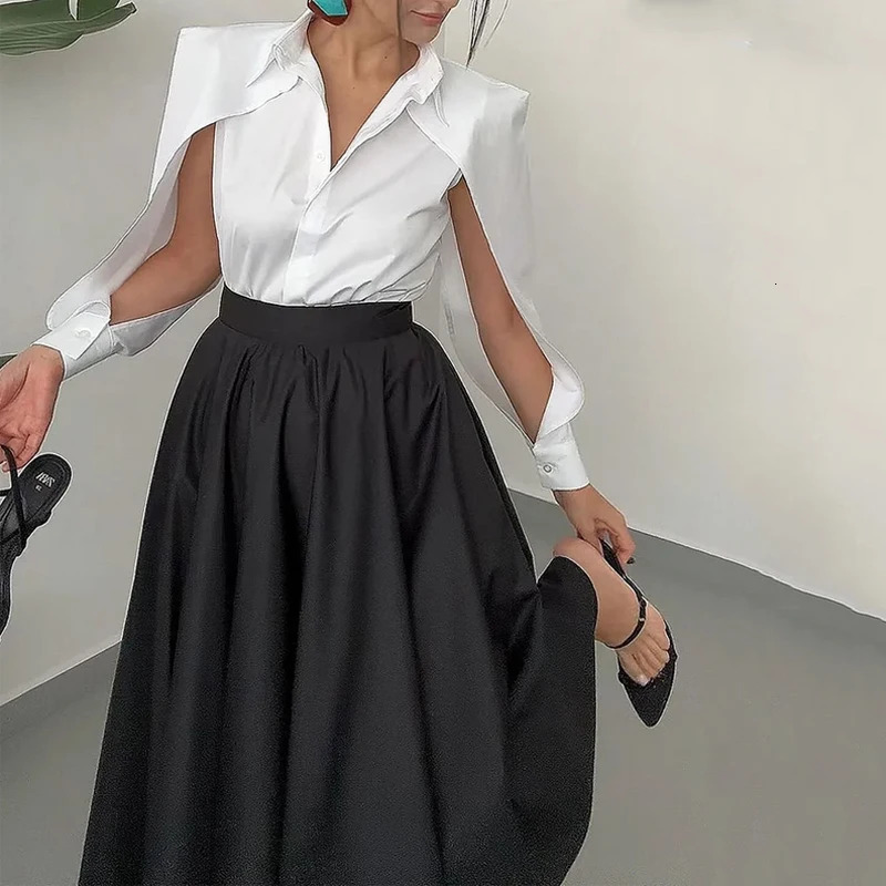 Wefads Autumn Winter Two Piece Set Elegant Solid Long Sleeve Hollow Out Laple Shirt Top Loose Black Dress Sets Women Clothing 250214