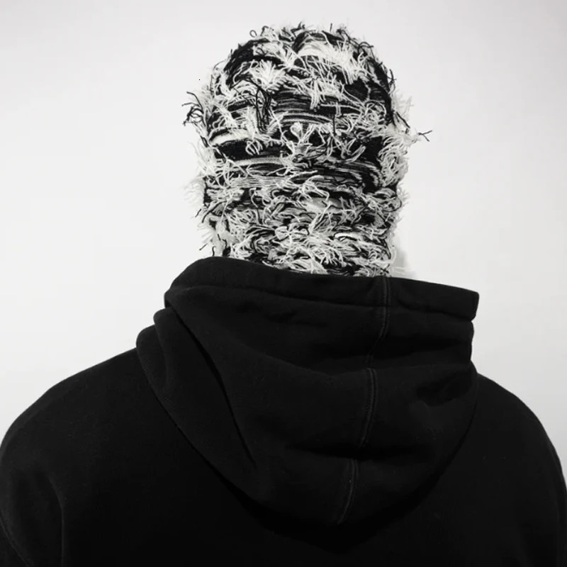 1pcs Y2K Tassel Balaclava Distressed Knitted Full Face Ski Mask Shiesty Mask Colorblock Balaclava Knit Fuzzy Balaclava 250214