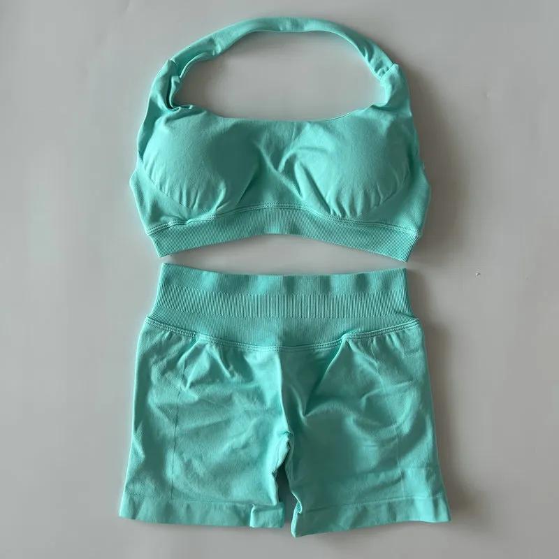 2pcs Impact Sports Set Seamless Yoga Halter Bra High Waist Workout Sets Scrunch Shorts Summer Fiess Clothes Gym Suits Outfit Active Wear Hot Sell