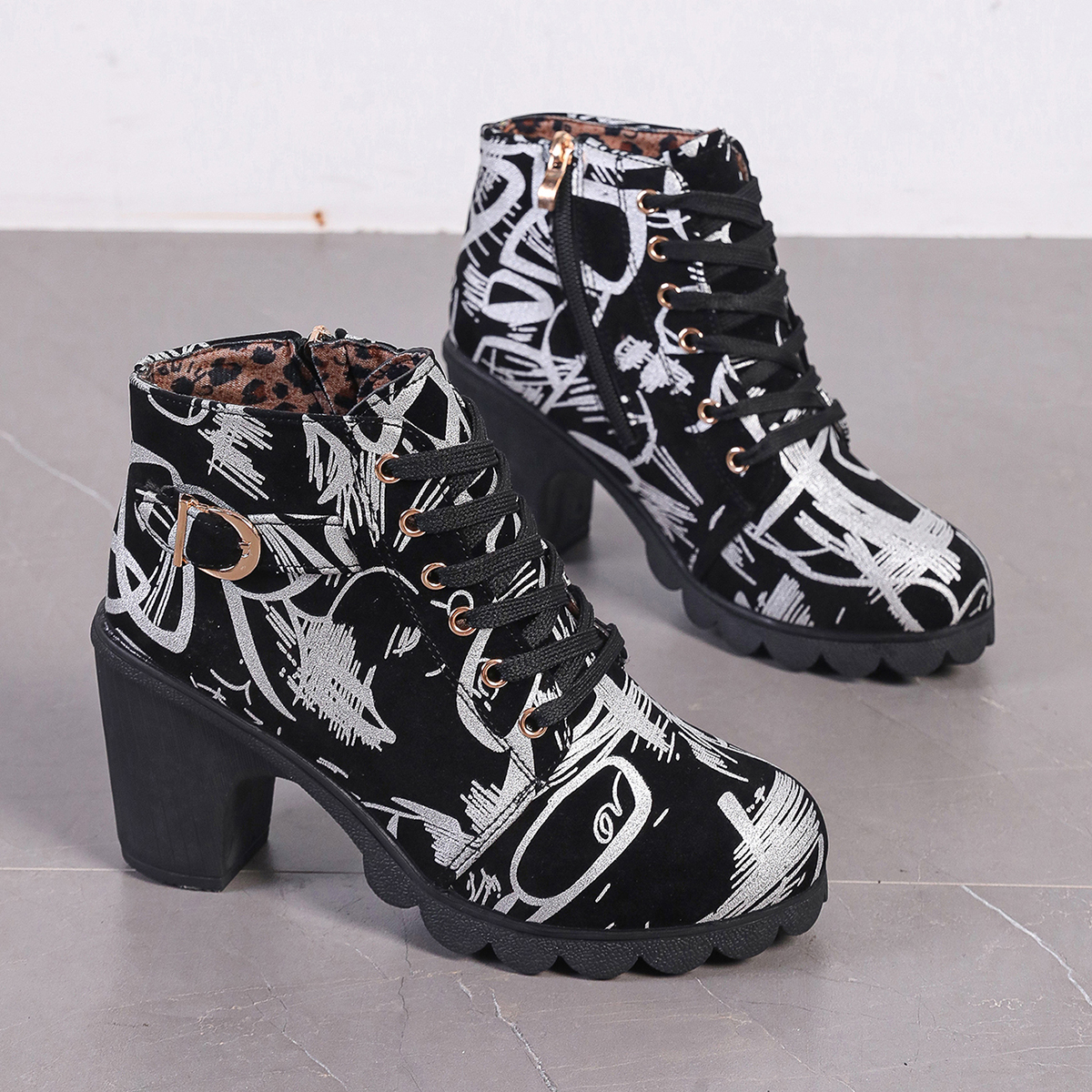Fashion Lace up Women's 8cm Ankle Boots Round Head Leopard Pattern Inner Large Size36-42 Fashion High Heels Comfortable Work Shoes