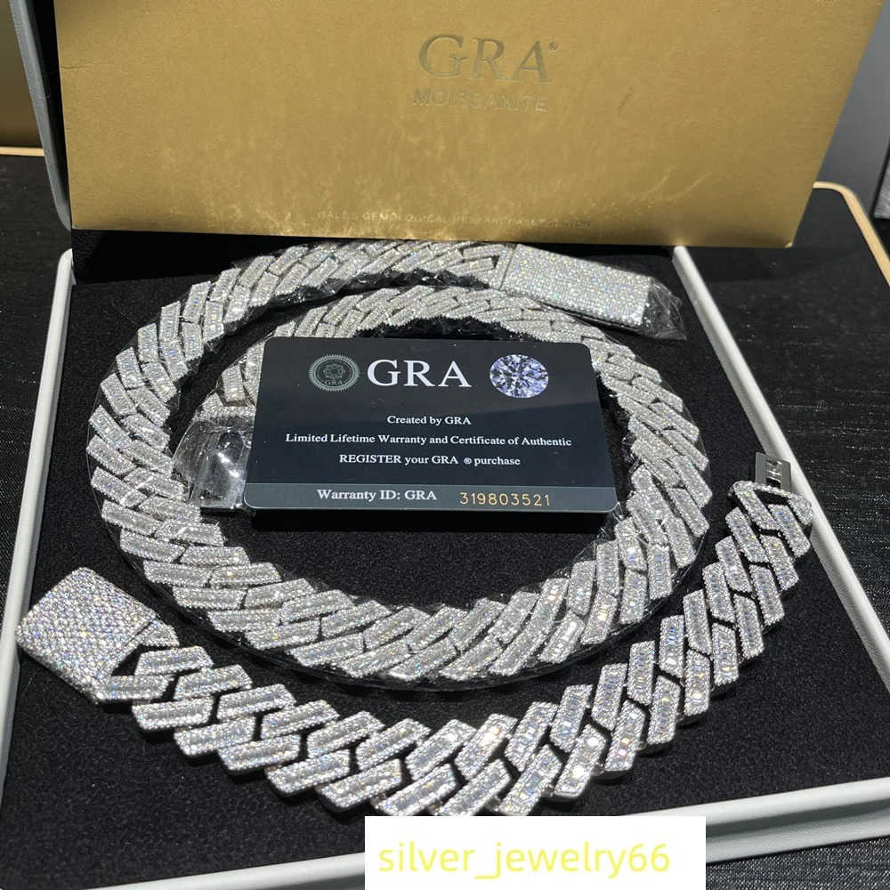 Hot Sale 15mm 20mm 925 Sterling Silver Hip Hop Ice Out Baguette VVS Moissanite Chain Cuban