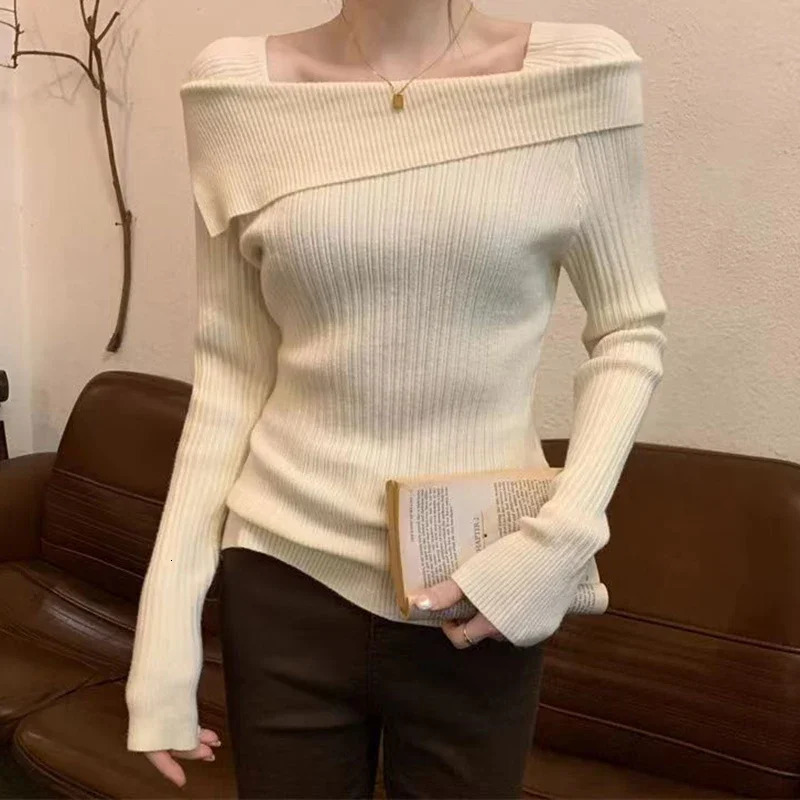 Solid Sexy Slim Off Shoulder Slash Neck Long Sleeve Knitting Sweater Women Jumpers Office Fashion 250211