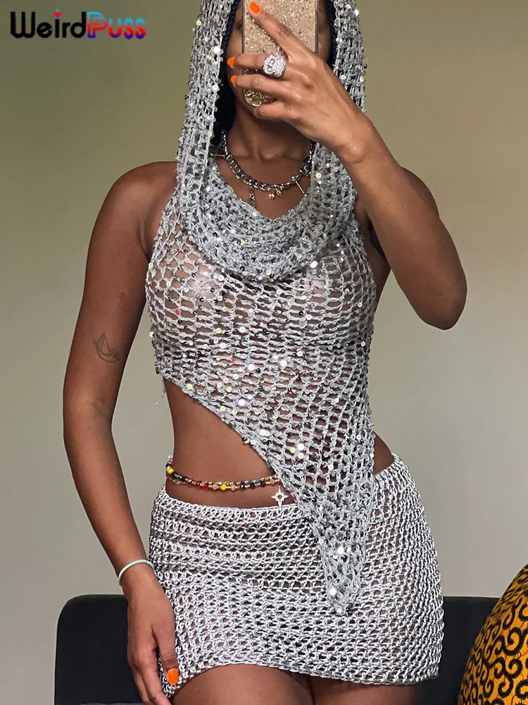 Weird Puss Sequins Women 2piece Set Sexy See Through Irregular Backless Hooded Tank TopsPeach Hip Skirts Midnight Clubwear Suit 250214