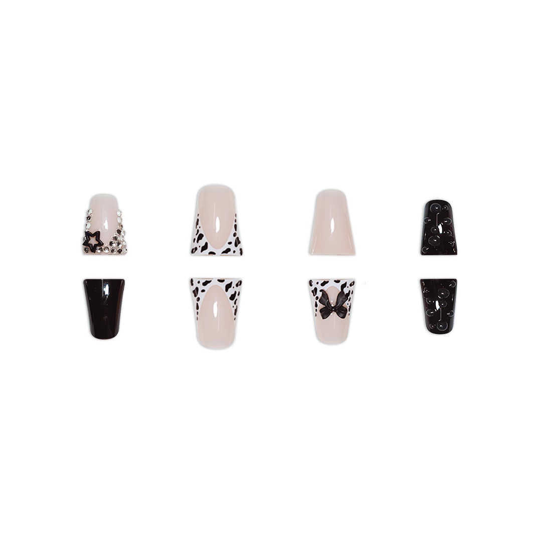 False Nails Hot selling duck billed model with sweet and cool style cute stars pure desire black bow cow pattern 3D three-dimensional nail plate H2521