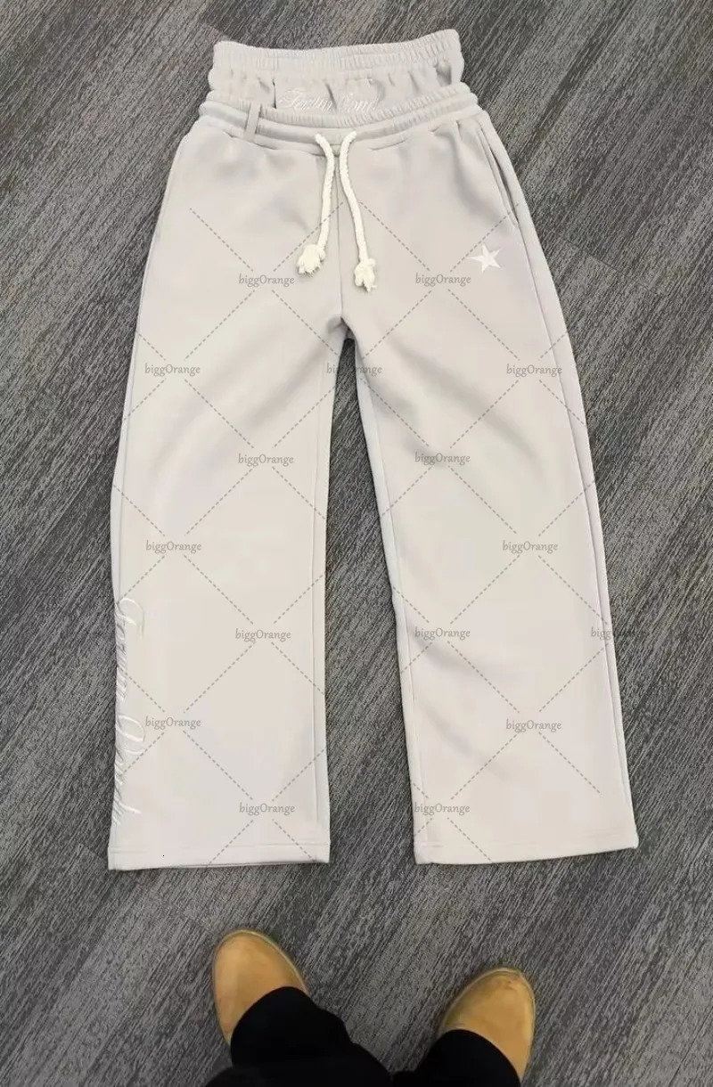 Retro High Street European and American Letter Embroidered Sweatpants Double-layer High-waist Drawstring Straight Wide-leg Pants 250214CJ