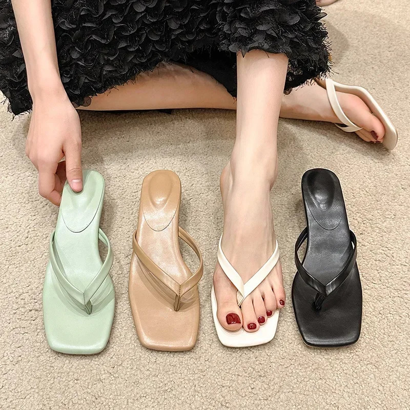 Clip-toe Fashion Sandals Women 2024 Summer Thin Heel Flip Flops Ladies er Casual Solid Color Slippers for Women 250214