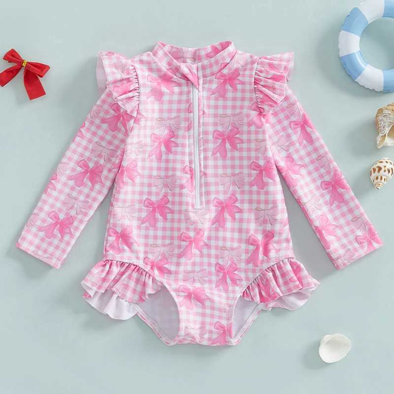 Princess Bow Print Toddler Girls Beach Wear Kids Rash Guard Swimsuits Zip Up Long Sleeve Stand Collar Baby Girls SwimwearsXJ250214