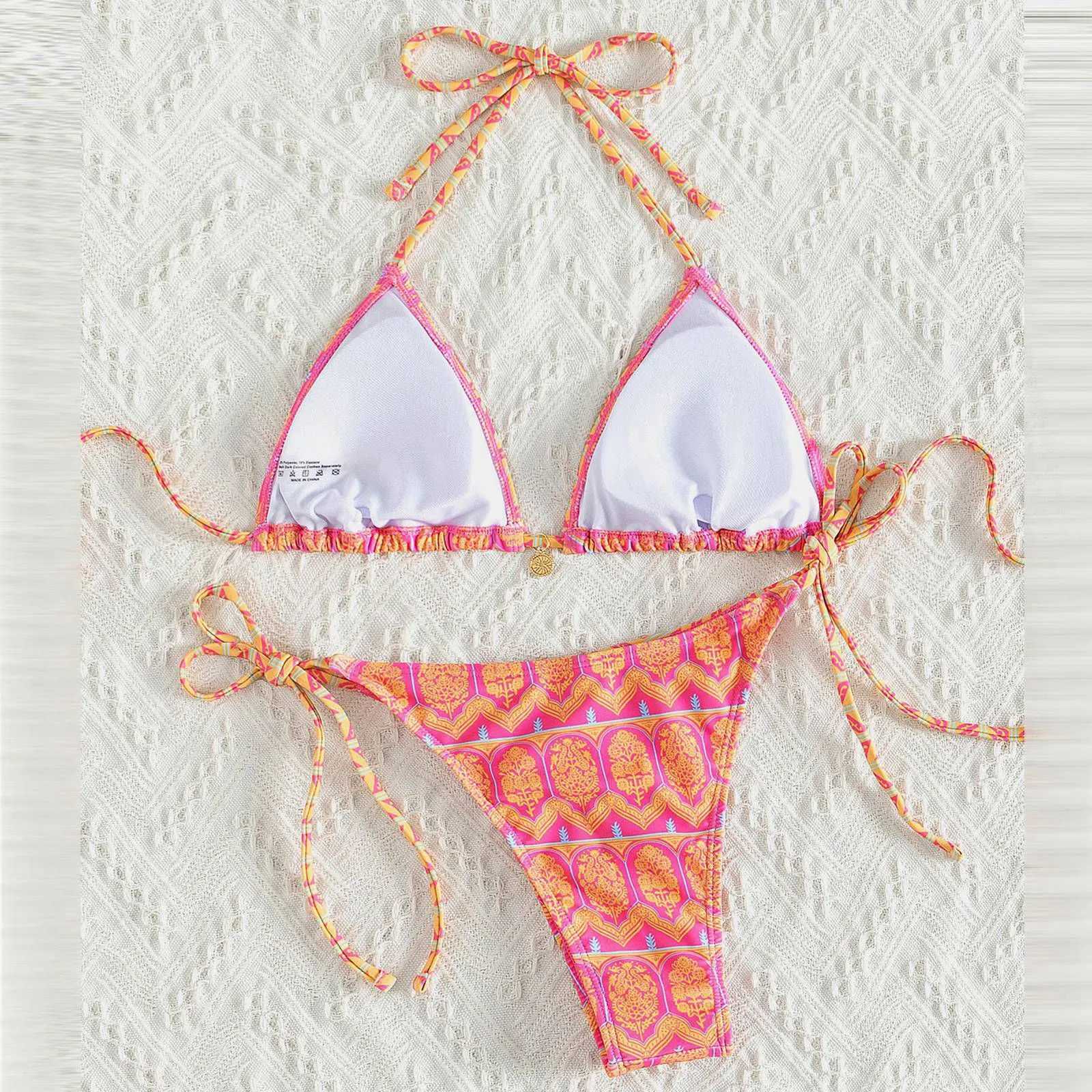 Womens Bikini Sets Two Piece Swimsuits Floral Print Sexy Triangle Bikinis Bohemian Style Halter Neck Strap Swimsuit Bathing SetT250214