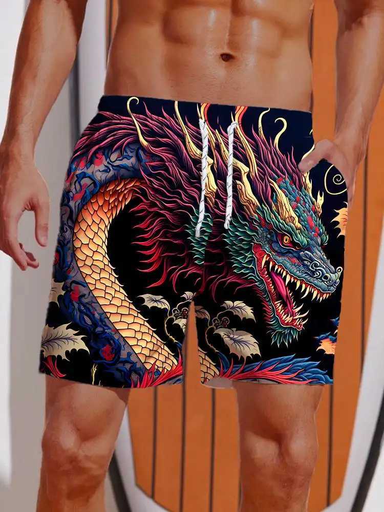 2024 Summer 3D Printed Ukiyo-E Fierce Dragon Printing Shorts Mens Board Shorts Swim Trunks Drawstring Breathable Short W250215