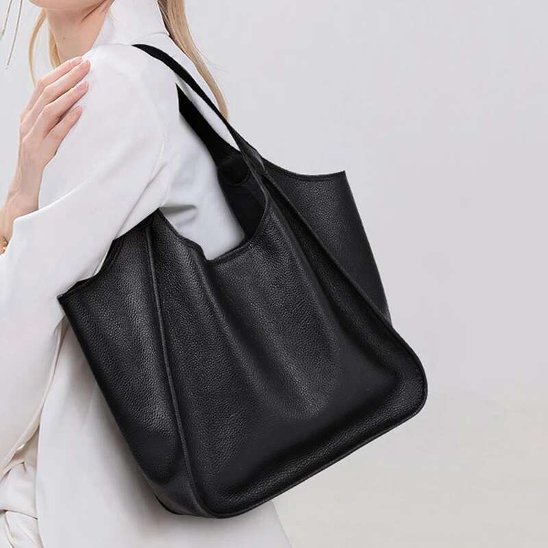 Aidrani Fashion Genuine Leather Women's Large Capacity Handbag Black Versatile Cowhide Shoulder Mother Bag