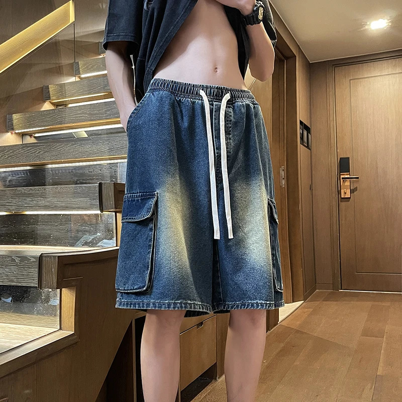 Mens summer loose straight work denim shorts basic Versatile multi-color elastic wash medium length shorts 250210