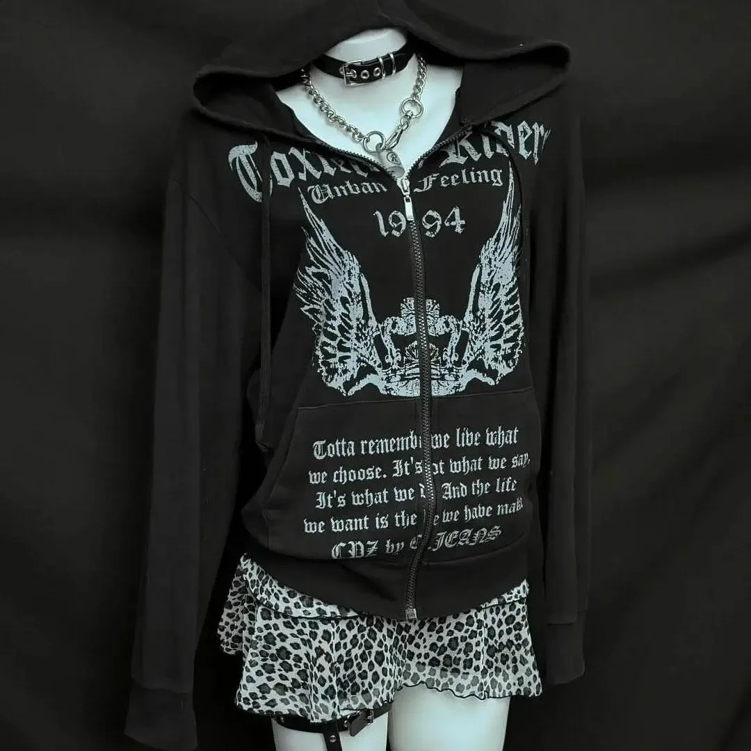 Y2K Street Style Womens Sweatshirt Autumn n Harajuku Casual Gothic Jacket American Retro Letter Printed Zipper Hoodie 250213