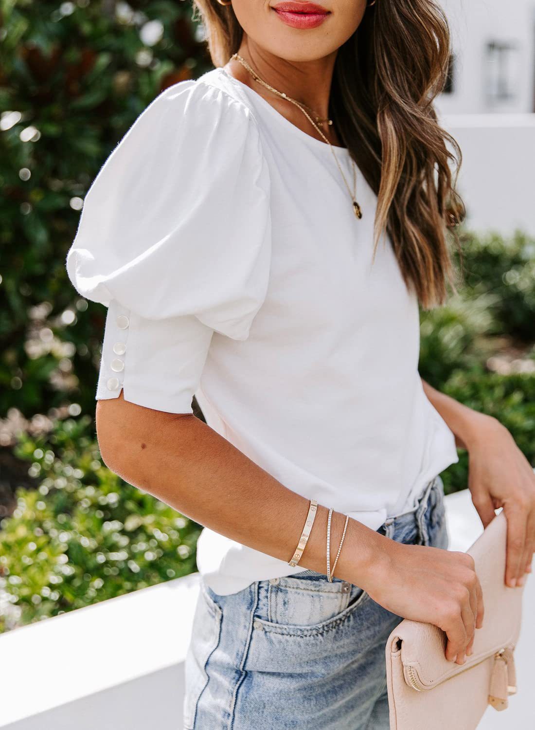 2025 Summer Women's Round Neck Solid Color Button Loose Casual Short Sleeve T-shirt Top