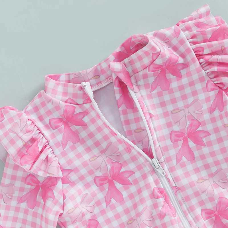 Princess Bow Print Toddler Girls Beach Wear Kids Rash Guard Swimsuits Zip Up Long Sleeve Stand Collar Baby Girls SwimwearsXJ250214