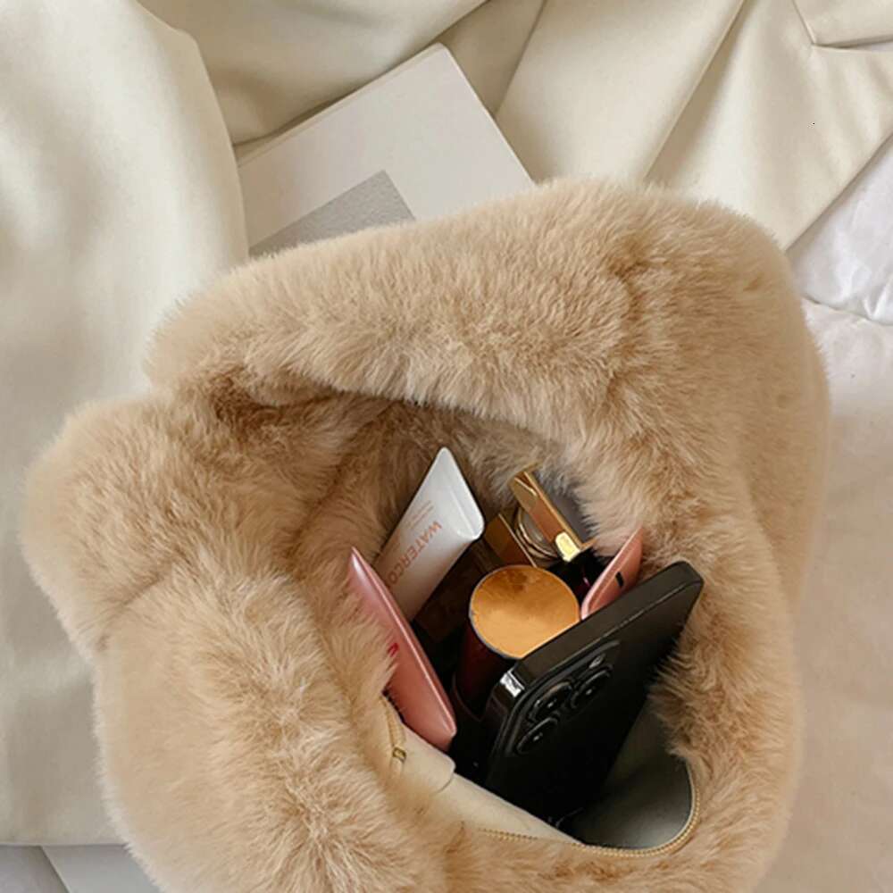 Solid Color Plush Dumpg Niche Design Small Phone Korean Style Tote Bag Faux Rabbit Fur Handbag Women