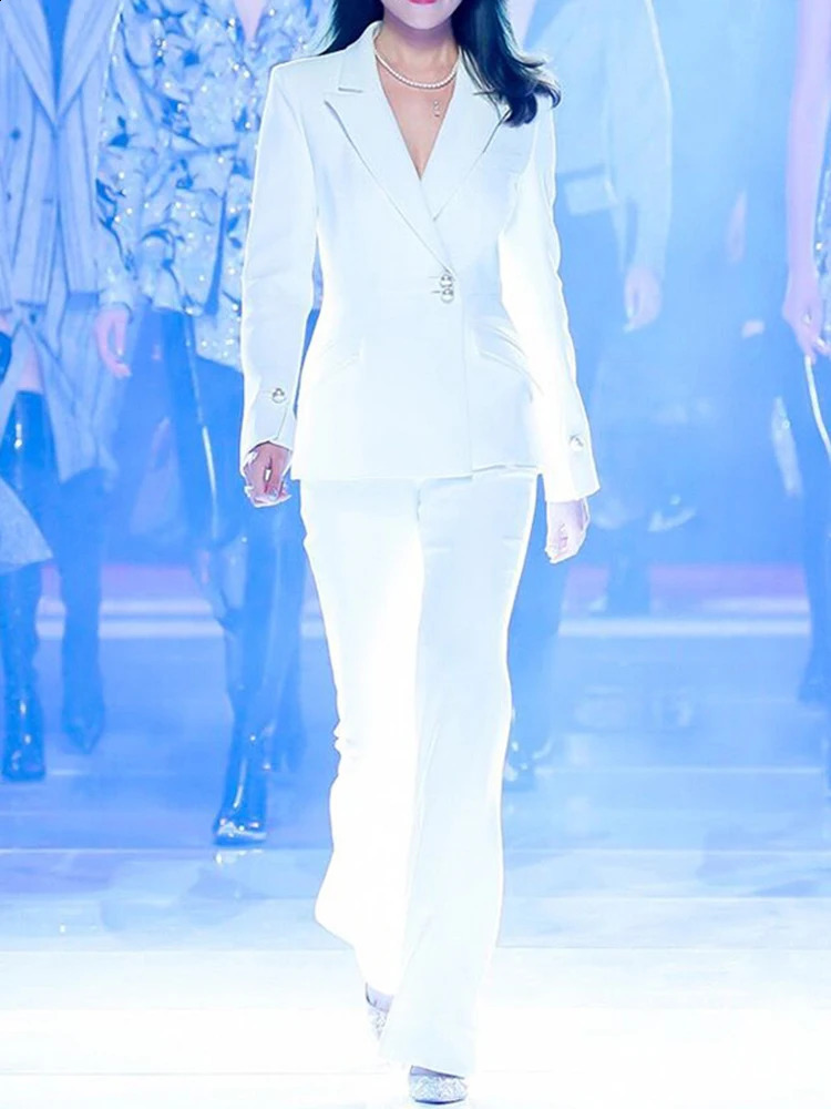 HIGH STREET est Runway Suit Set Womens Pearl Button Slim Fit Blazer Micro Flared Pants Set Two Piece Set 250210