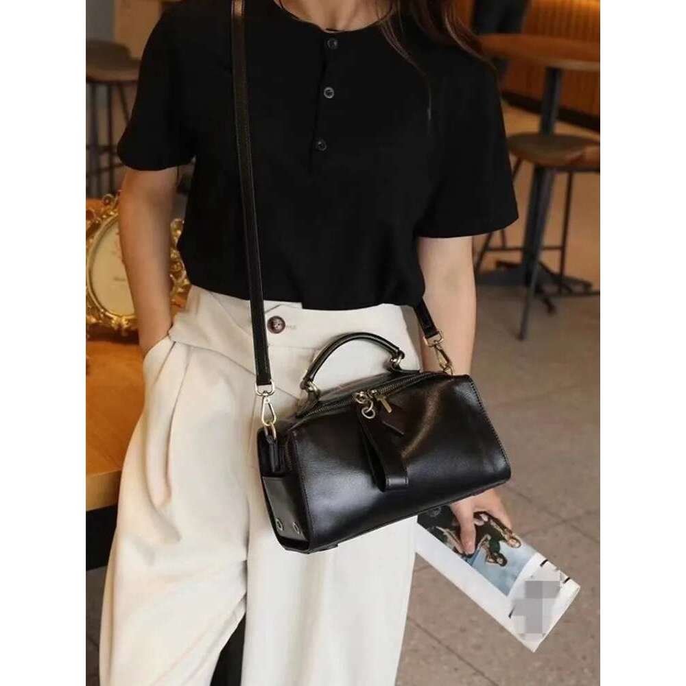 Office Ladies Design Casual Boston Pillow Bag Genuine Leather Handbag Tote Women Vintage Single Shoulder Zipper Genuine Leather