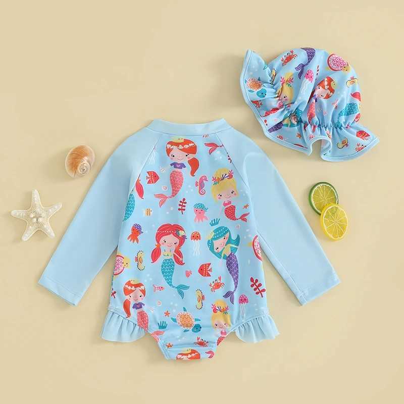 Suefunskry Baby Girls Swimsuit Strberry Flower Print Bikini with Hat Newborn Long Sleeve Romper Swimwear for BathingXJ250214