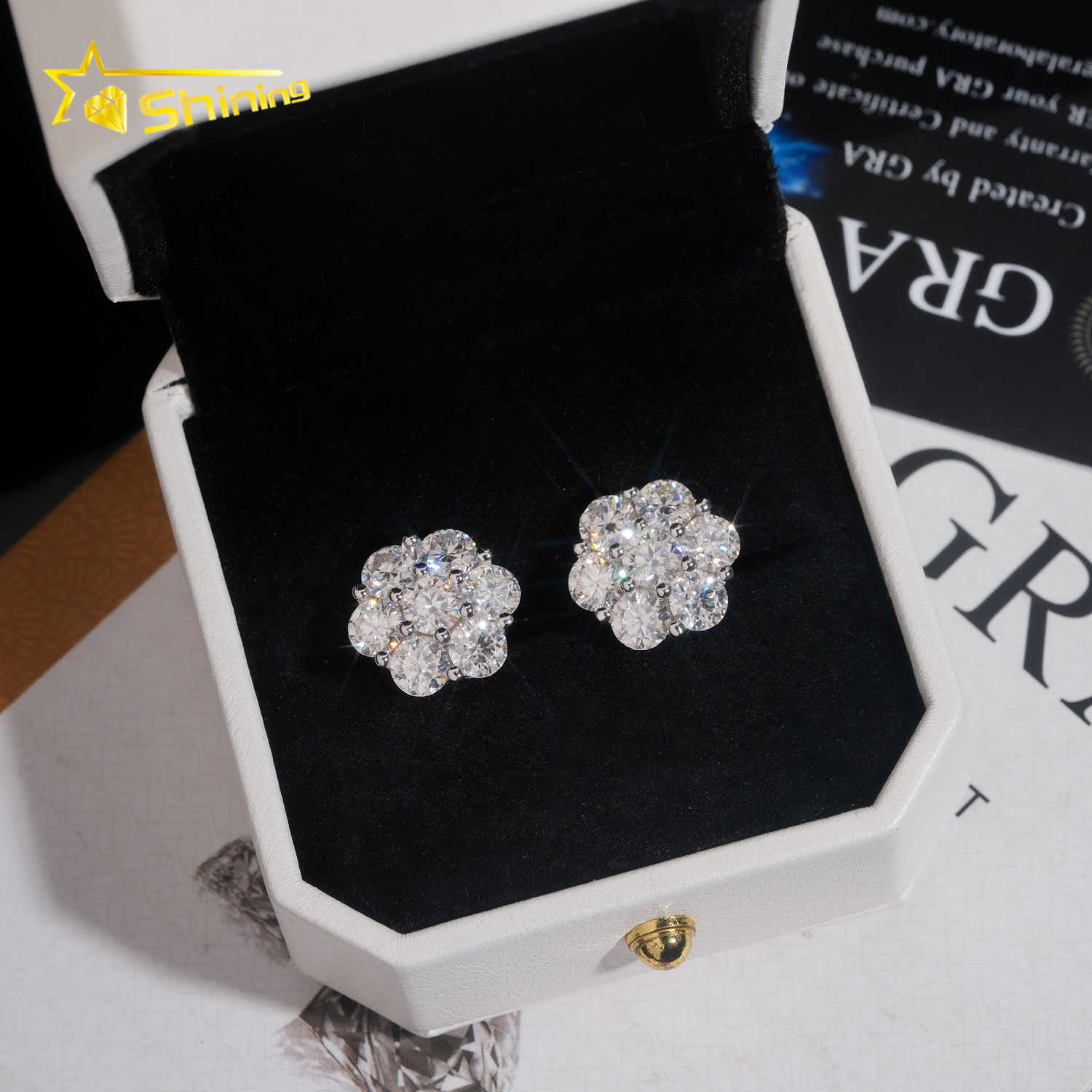Hot Sale Design Gold Plated Flower Set Lab Diamond Moissanite S925 Sterling Silver Iced Out Jewelry Stud Earrings Men Women
