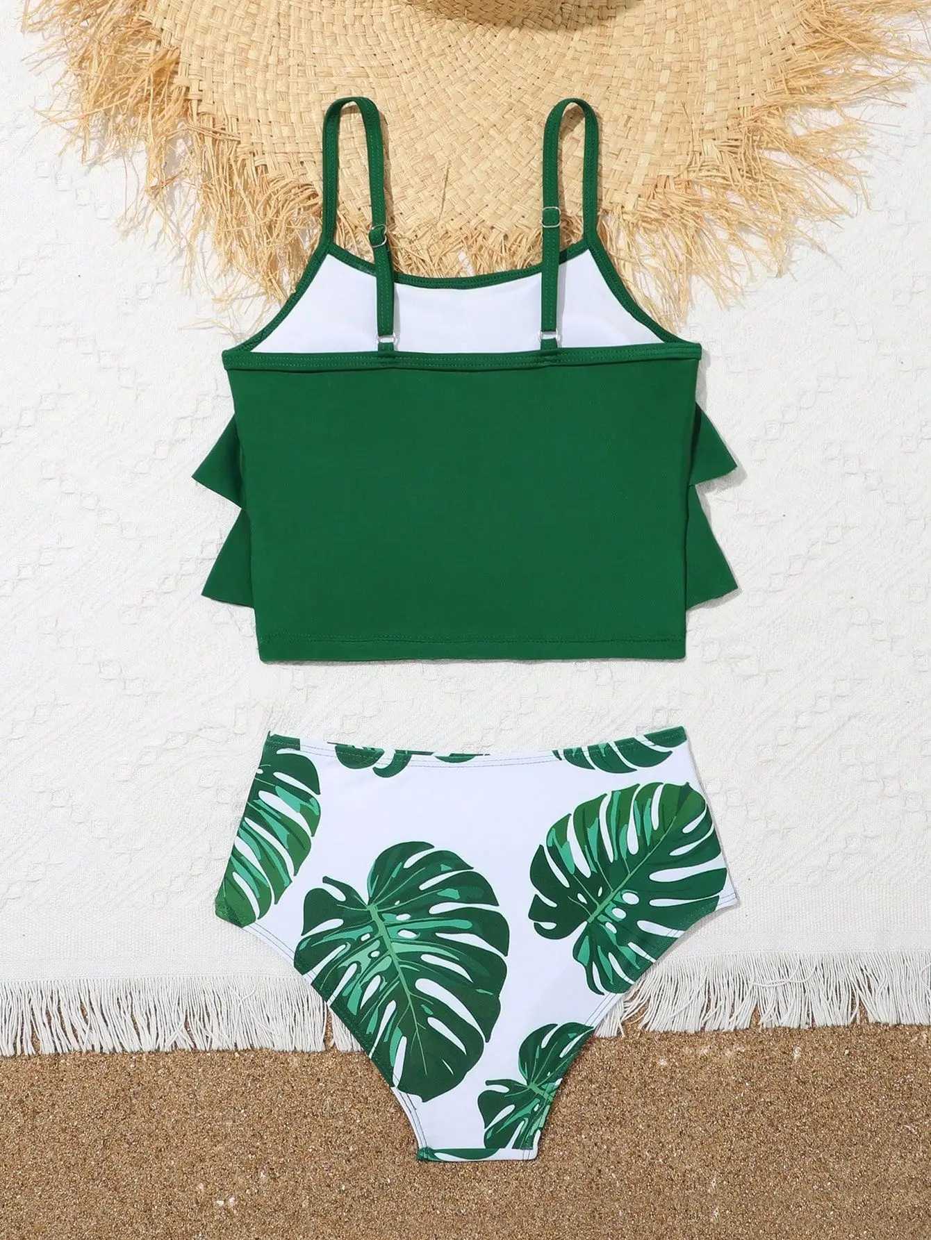7-12 Years Leaf Print Girls Kids Swimsuit Ruffle Summer Beach Children Swimwear High Waist Biquini Teens Bathing Suit Bikini SetXJ250214