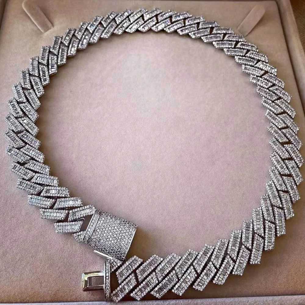 Sale 18mm Prong Setting Link Necklace Iced Out 925 Silver Baguette Moissanite Cuban Chains for Men